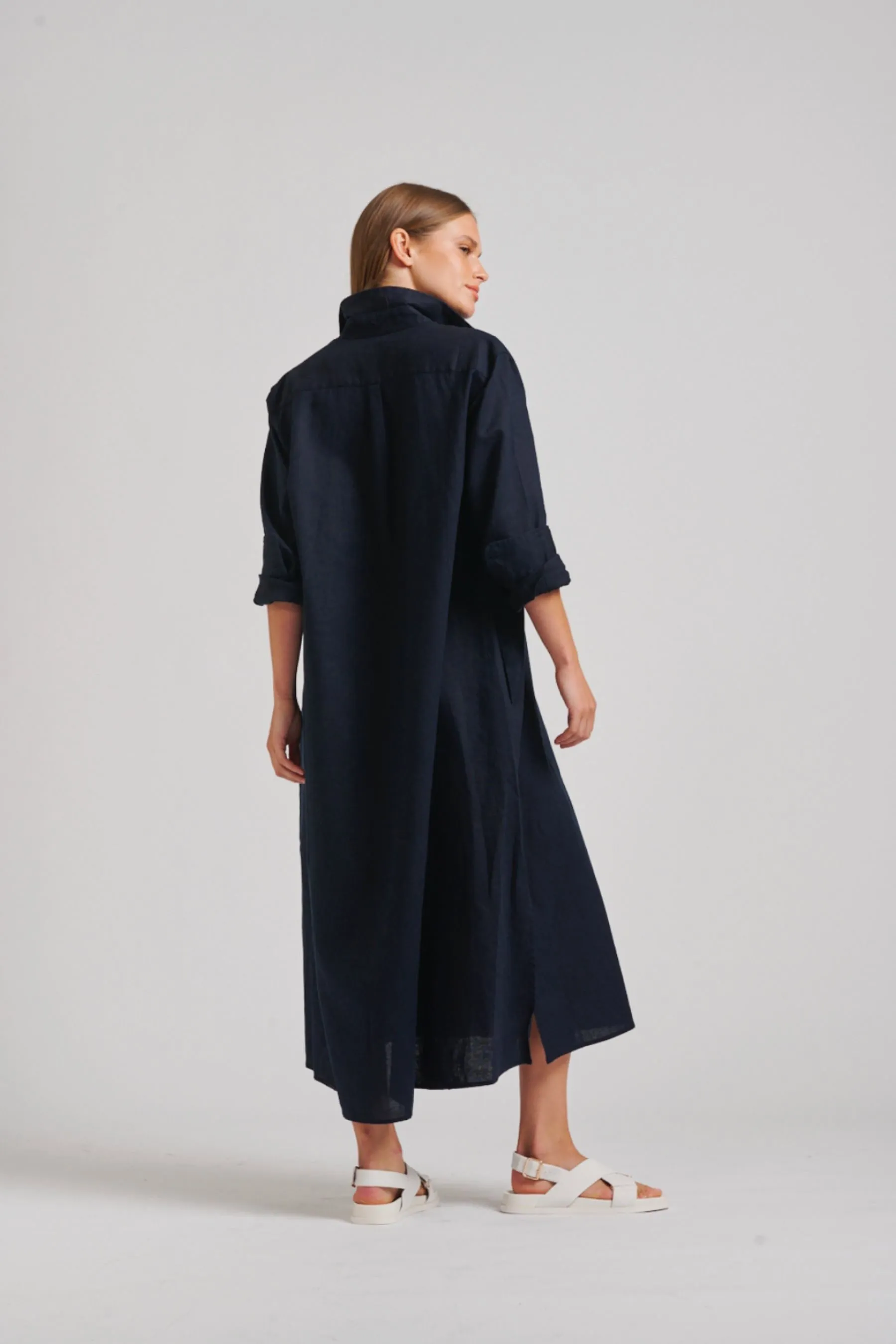 The Luna Long Linen Shirt Dress | French Navy