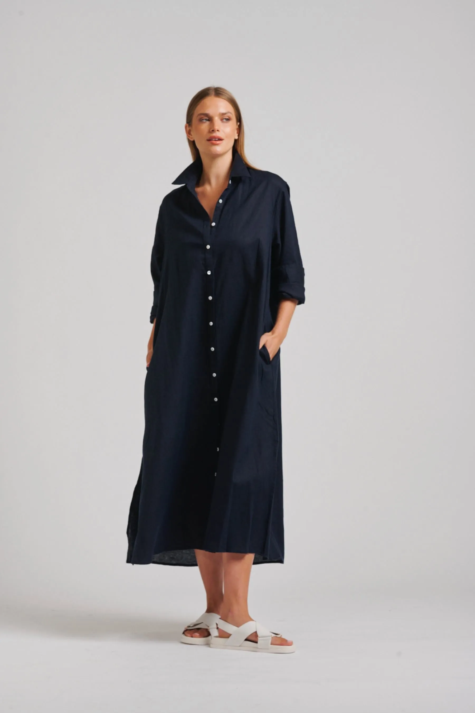 The Luna Long Linen Shirt Dress | French Navy