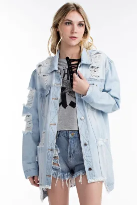 THE MYSTYLEMODE LIGHT WASH DISTRESSED DENIM OVERSIZED JEAN JACKET