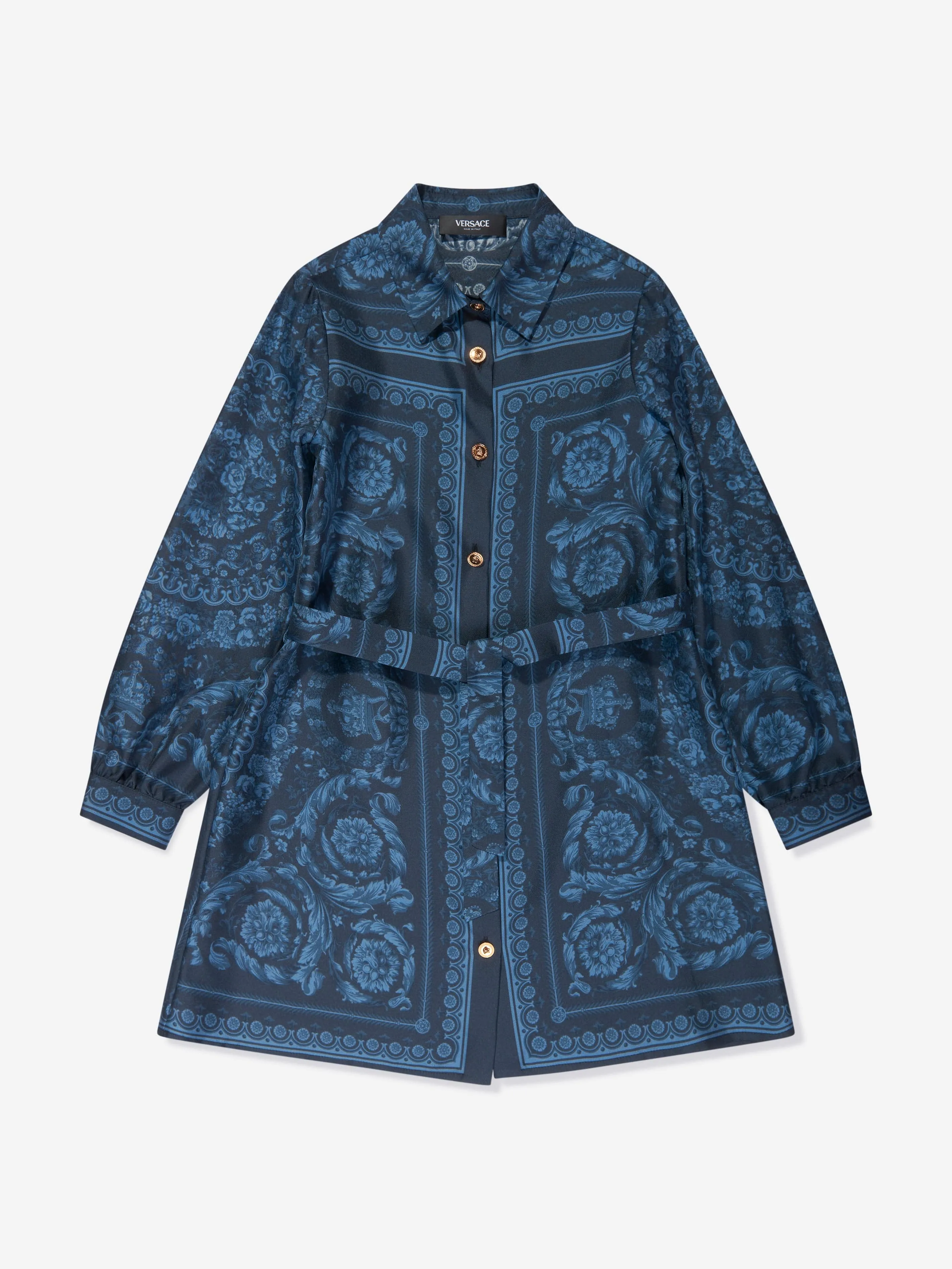 Versace Girls Silk Barocco Shirt Dress in Navy