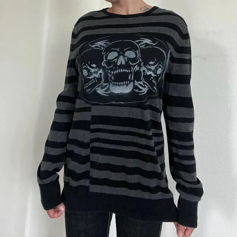 Vevesc Goth Skull Pattern Striped T-shirt Autumn O Neck Long Sleeve Baggy Sweatshirts Tops Y2K Emo Grunge Pullovers Tees Women