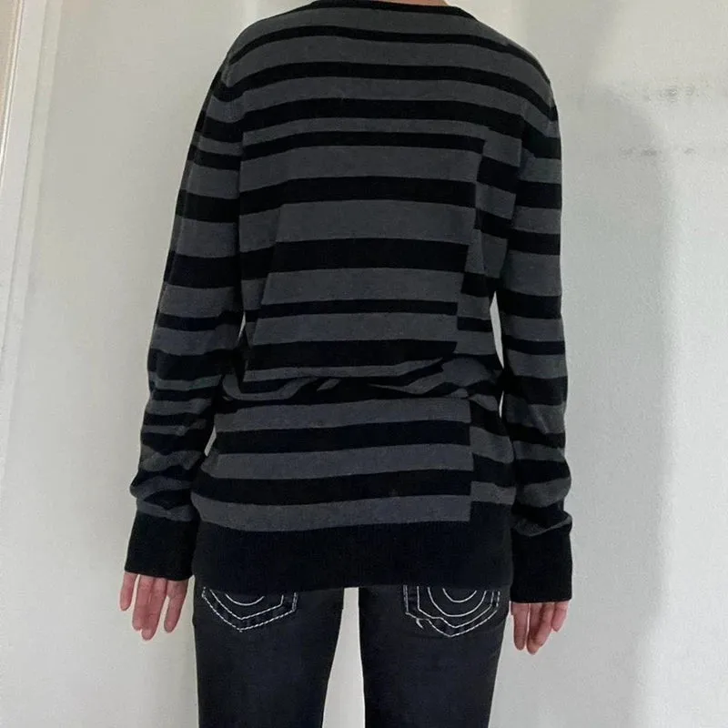 Vevesc Goth Skull Pattern Striped T-shirt Autumn O Neck Long Sleeve Baggy Sweatshirts Tops Y2K Emo Grunge Pullovers Tees Women