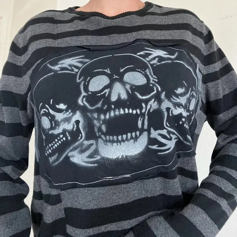 Vevesc Goth Skull Pattern Striped T-shirt Autumn O Neck Long Sleeve Baggy Sweatshirts Tops Y2K Emo Grunge Pullovers Tees Women