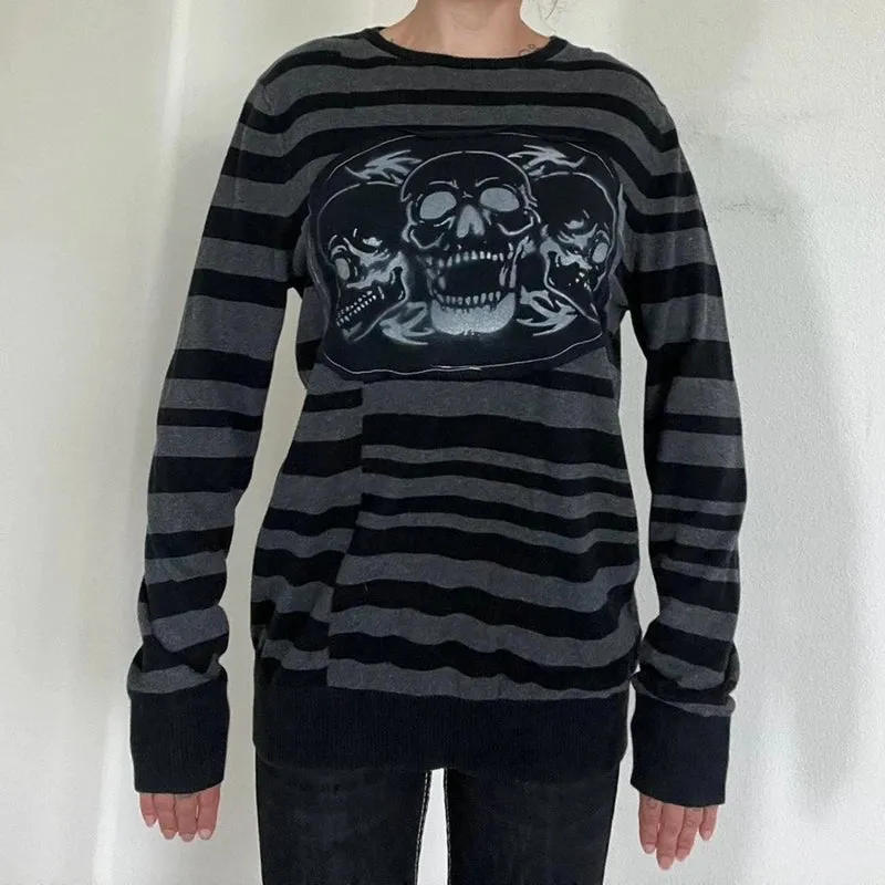 Vevesc Goth Skull Pattern Striped T-shirt Autumn O Neck Long Sleeve Baggy Sweatshirts Tops Y2K Emo Grunge Pullovers Tees Women