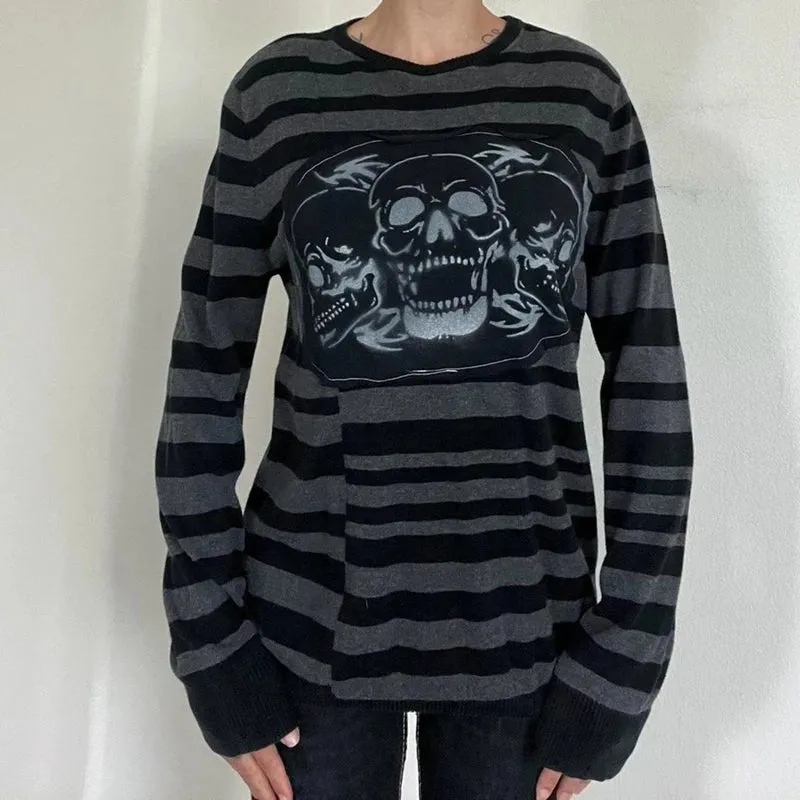 Vevesc Goth Skull Pattern Striped T-shirt Autumn O Neck Long Sleeve Baggy Sweatshirts Tops Y2K Emo Grunge Pullovers Tees Women