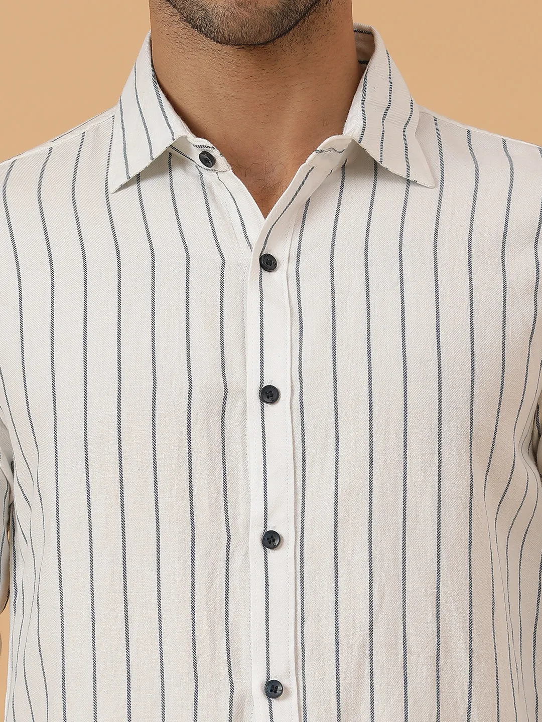 White and Blue Striped Cotton Flannel Party Wear Shirt