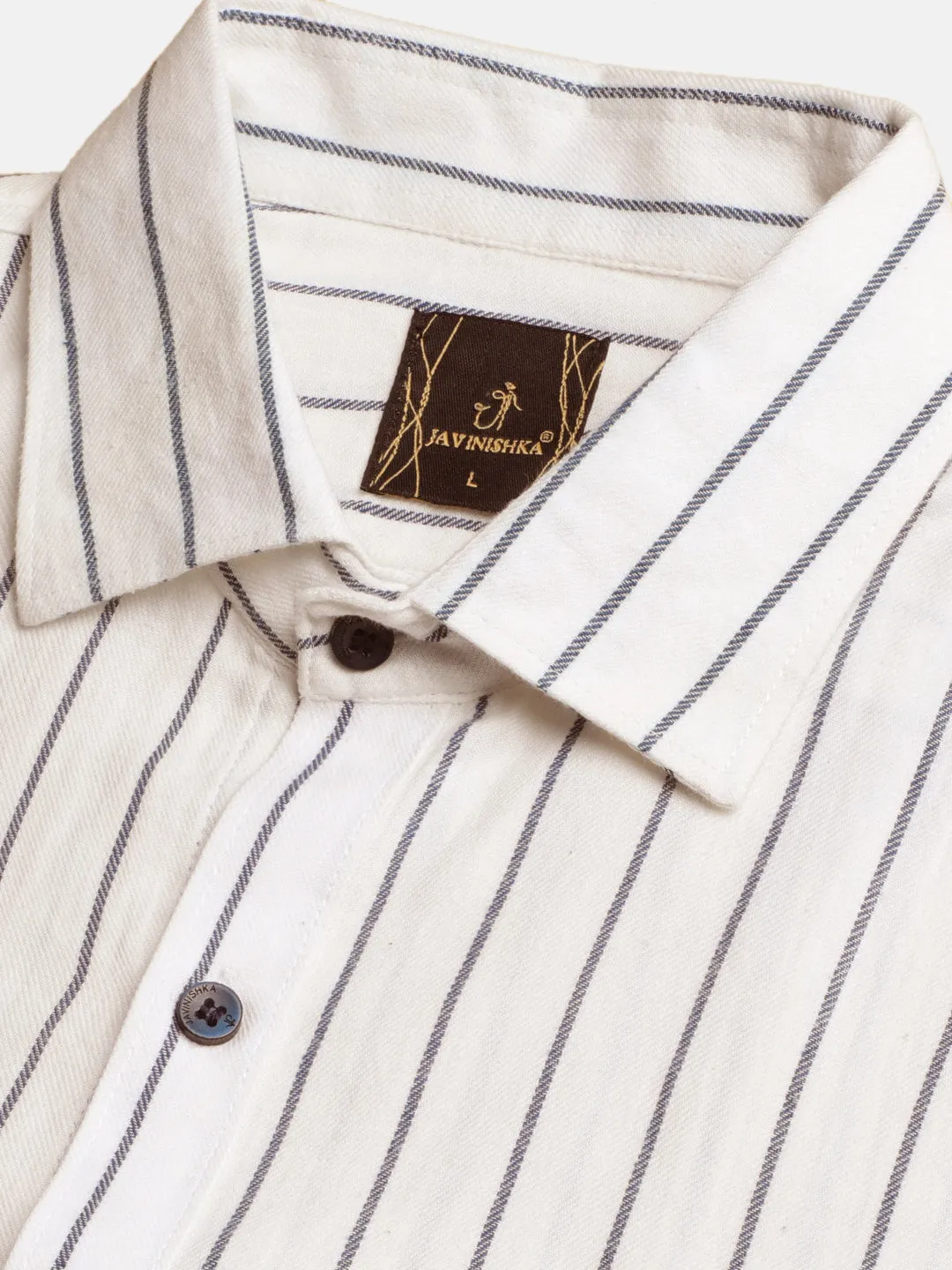 White and Blue Striped Cotton Flannel Party Wear Shirt