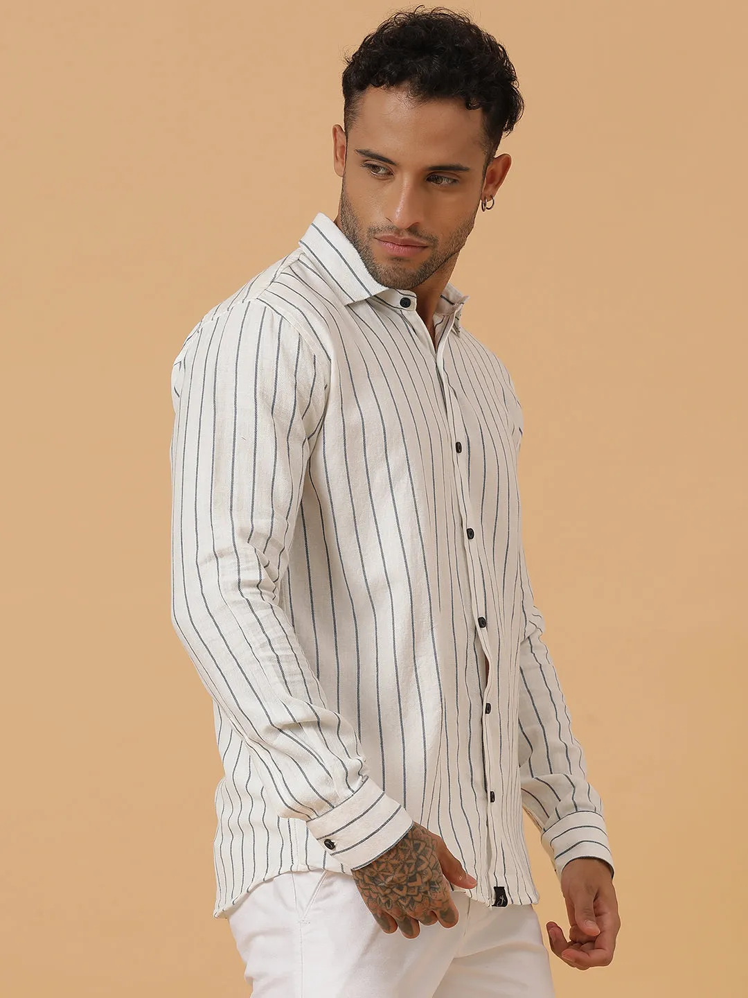 White and Blue Striped Cotton Flannel Party Wear Shirt