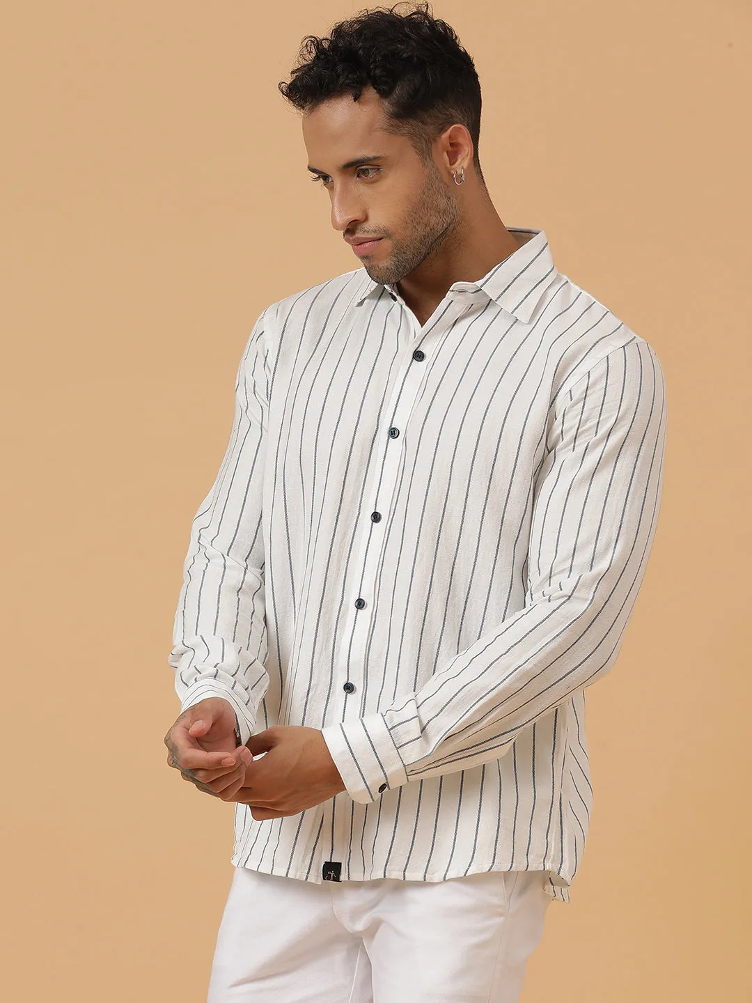 White and Blue Striped Cotton Flannel Party Wear Shirt