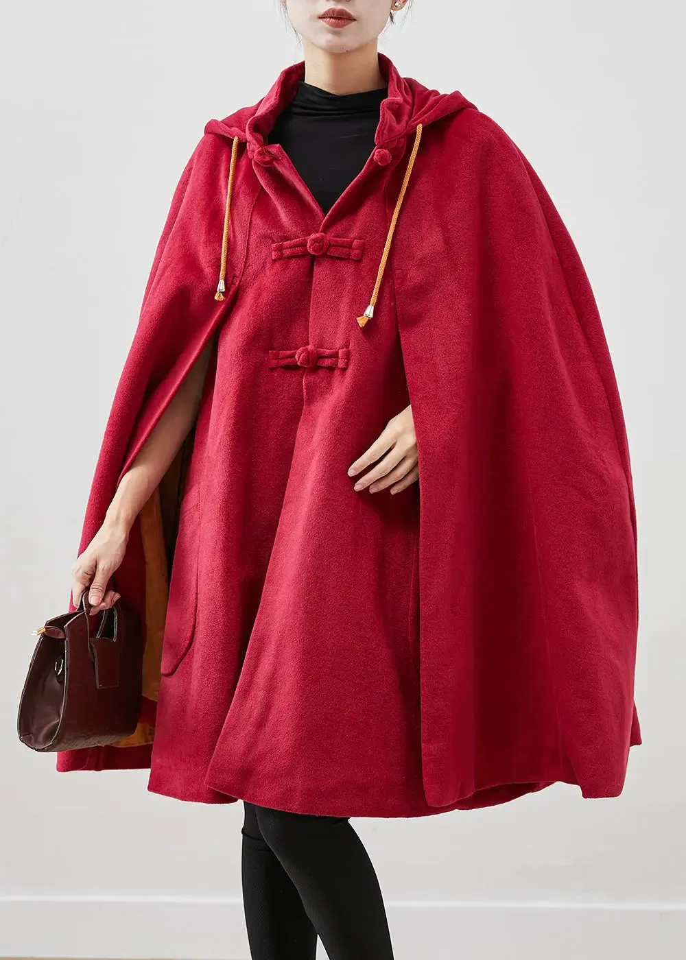 Women Hooded Chinese Button Fleece Coats Cloak Sleeves