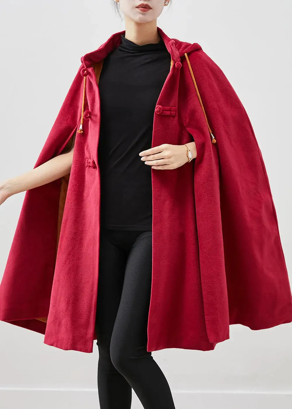 Women Hooded Chinese Button Fleece Coats Cloak Sleeves