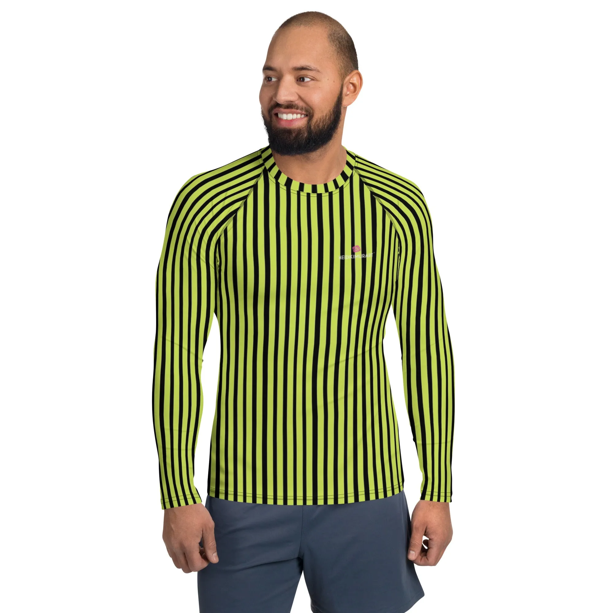 Yellow Black Striped Men's Top, Vertical Striped Designer Men's Rash Guards For Water Sports - Made in USA/EU/MX