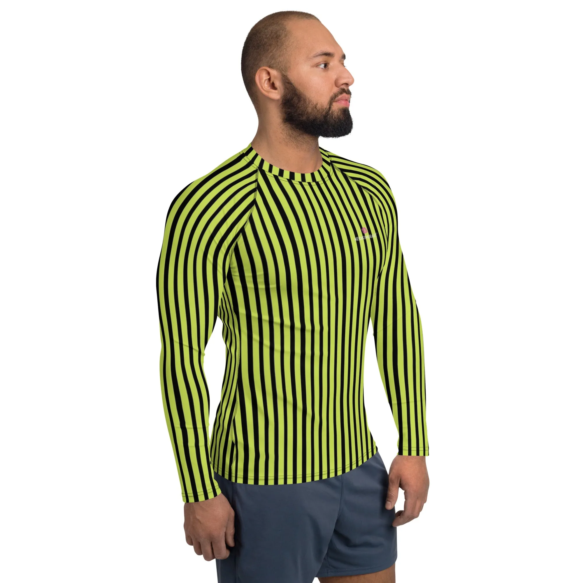 Yellow Black Striped Men's Top, Vertical Striped Designer Men's Rash Guards For Water Sports - Made in USA/EU/MX